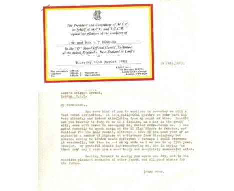 CRICKET - ENGLAND V NEW ZEALAND @ LORD'S 1983 VIP TICKET&nbsp;
Issued by M.C.C.