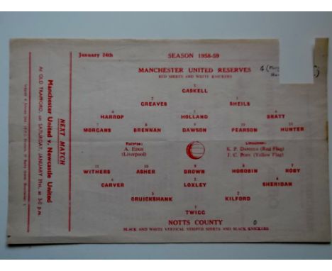 1958-59 MANCHESTER UNITED RESERVES V NOTTS COUNTY FIRST TEAM - FRIENDLY
Rare single sheet programme
Token missing