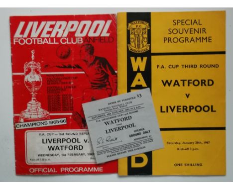1970 WATFORD V LIVERPOOL FA CUP PROGRAMME &amp; TICKET + REPLAY PROGRAMME
Replay programme creased and some marks. Watford pr