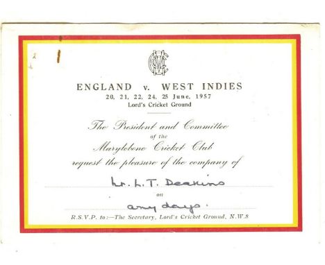 CRICKET - ENGLAND V WEST INDIES @ LORD'S 1957 VIP TICKET&nbsp;
Issued by The M.C.C.