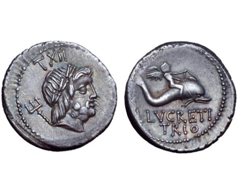 L. Lucretius Trio AR Denarius. Rome, 74 BC. Laureate head of Neptune right, trident at shoulder and control number above / In