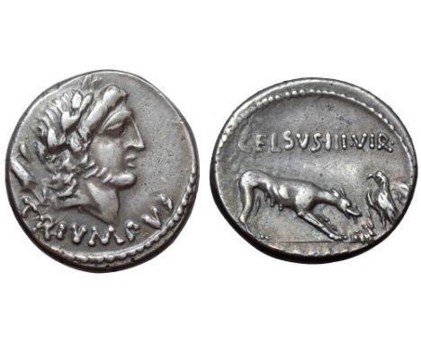 L. Papius Celsus AR Denarius. Rome, 45 BC. Laureate head of Triumphus right with trophy over shoulder; TRIVMPVS below / Wolf 