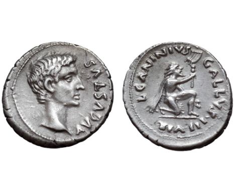 Augustus AR Denarius. Rome, 12 BC. L. Caninius Gallus, moneyer. AVGVSTVS, bare head right / L•CANINIVS GALLVS•III•VIR, German