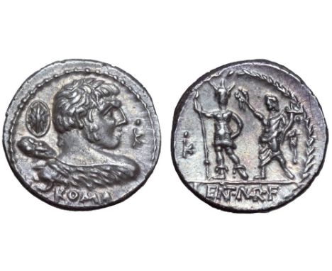 P. Cornelius Lentulus M.f. AR Denarius. Rome, 100 BC. Bust of Hercules right, seen from behind, holding club, shield in left 