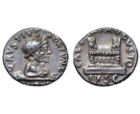 Augustus AR Denarius. Rome, 19 BC. Q. Rustius, moneyer. Q • RVSTIVS FORTVNÆ, Jugate, draped busts right of Fortuna Victrix, w