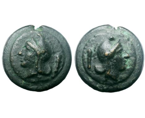 Cast Æ As. Rome, circa 235 BC. Head of Roma right, wearing Phrygian helmet with pinnate crest; behind, club / Same type left.