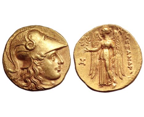 Kingdom of Macedon, Alexander III 'the Great' AV Stater. Babylon, circa 317-311 BC. Head of Athena right, wearing triple cres