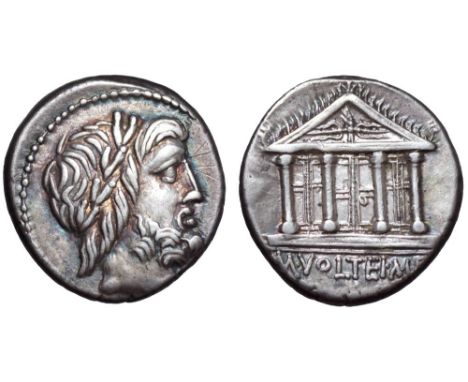 M. Volteius M. f. AR Denarius. Rome, 75 BC. Laureate and bearded head of Jupiter right / Tetrastyle Temple of Jupiter Capitol