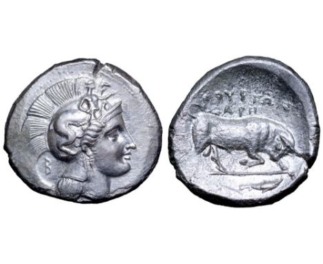 Lucania, Thourioi AR Distater. Circa 350 BC. Head of Athena right, wearing Attic helmet decorated with Skylla; B behind / Bul