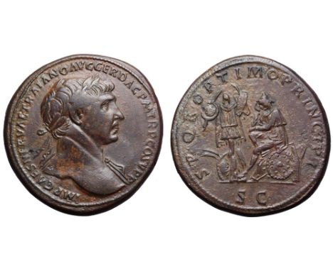 Trajan Æ Sestertius. Rome, AD 109-10. IMP CAES NERVAE TRAIANO AVG GER DAC P M TR P P COS V P P, laureate bust right with slig