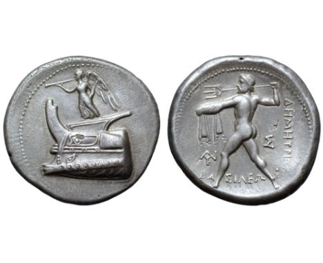 Kingdom of Macedon, Demetrios I Poliorketes AR Tetradrachm. Salamis, circa 300-295 BC. Nike, blowing a trumpet and holding a 