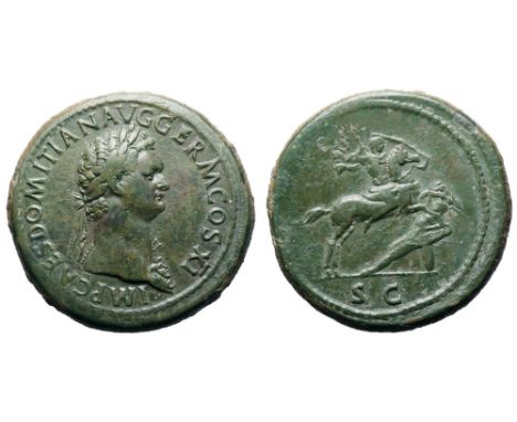 Domitian Æ Sestertius. Rome, AD 85. IMP CAES DOMITIAN AVG GERM COS XI, laureate bust right, wearing aegis / Emperor on horseb