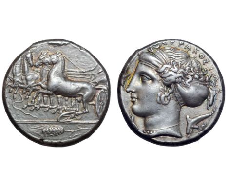 Sicily, Syracuse AR Tetradrachm. Time of Dionysios I, circa 405-400 BC. Charioteer, holding reins and kentron, driving gallop