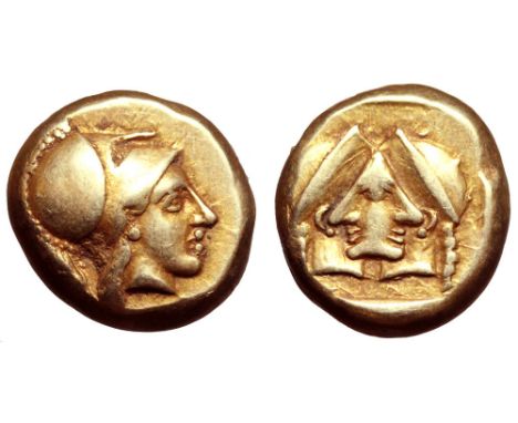 Lesbos, Mytilene EL Hekte. Circa 454-427 BC. Head of Athena wearing crested Corinthian helmet to right / Two confronted femal