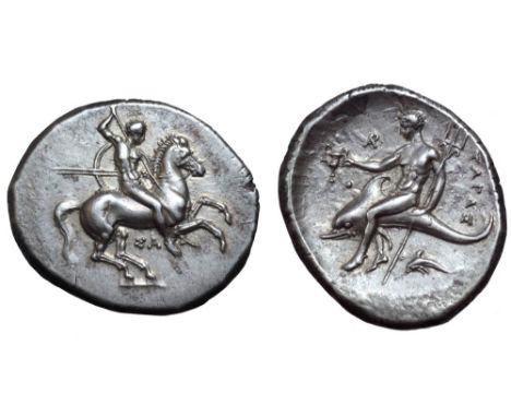 Calabria, Tarentum AR Nomos. Circa 315-300 BC. Nude warrior on horse prancing to right, holding reins, shield and two spears 