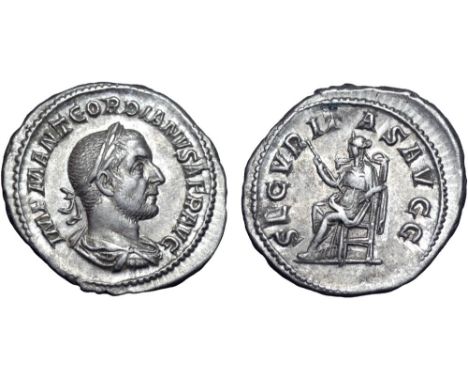 Gordian I Africanus AR Denarius. Rome, AD 238. IMP M ANT GORDIANVS AFR AVG, laureate, draped and cuirassed bust right, seen f