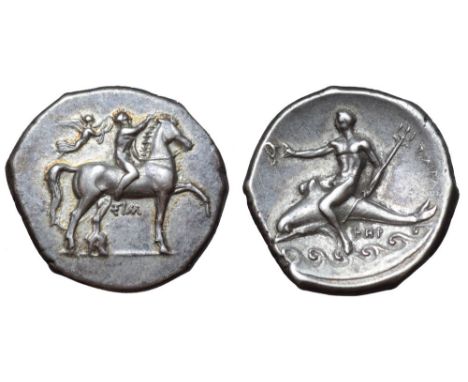 Calabria, Tarentum AR Nomos. Circa 333-330 BC. Nude youth on horse pacing to right, wreath in outstretched right hand to crow