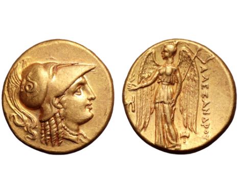 Kingdom of Macedon, Alexander III 'the Great' AV Stater. Miletos, circa 323-319 BC. Head of Athena right, wearing crested Cor