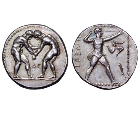 Pamphylia, Aspendos AR Stater. Circa 380/75-330/25 BC. Two wrestlers beginning to grapple with each other; between them, ΔΡ /