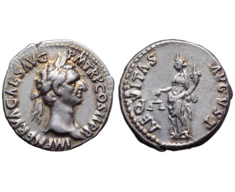 Nerva AR Denarius. Rome, AD 96. IMP NERVA CAES AVG P M TR P COS II P P, laureate head right / AEQVITAS AVGVST, Aequitas stand