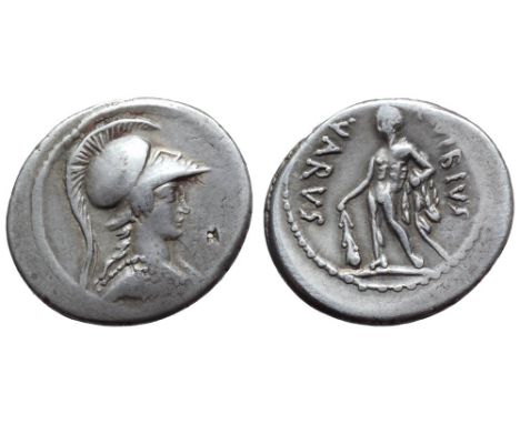 C. Vibius Varus AR Denarius. Rome, 42 BC. Bust of Minerva right, wearing crested Corinthian helmet and aegis / Hercules stand