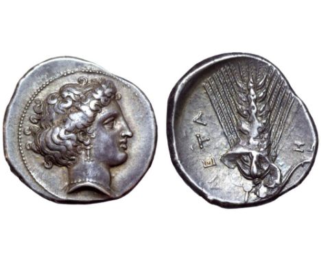 Lucania, Metapontion AR Stater. Circa 400-340 BC. Head of Demeter right, wearing pendant earring and necklace / Ear of barley