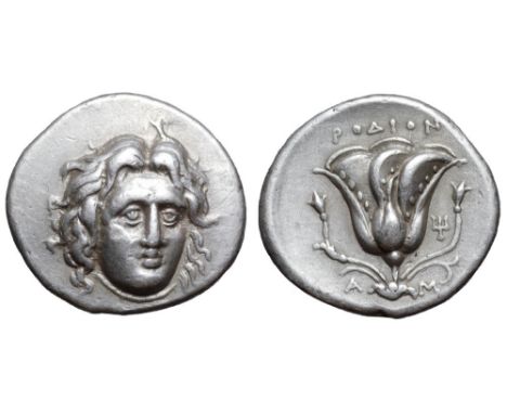 Rhodos, Rhodes AR Didrachm. Circa 305-275 BC. Head of Helios facing slightly right / POΔION, rose with buds to either side; t
