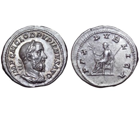 Pupienus AR Denarius. Rome, AD 238. IMP C M CLOD PVPIENVS AVG, laureate, draped and cuirassed bust right / PAX PVBLICA, Pax s