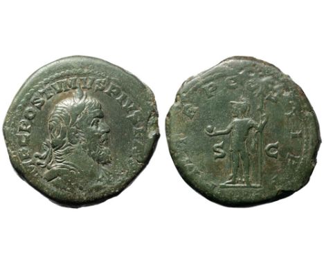 Postumus Æ Sestertius. Cologne, AD 261. IMP C POSTVMVS PIVS F AVG, laureate, draped and cuirassed bust right / P M TR P COS I