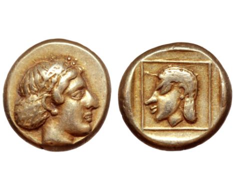 Lesbos, Mytilene EL Hekte. Circa 412-378 BC. Head of Artemis-Kybele right, hair in sakkos / Head of Telchine left, hair in sa