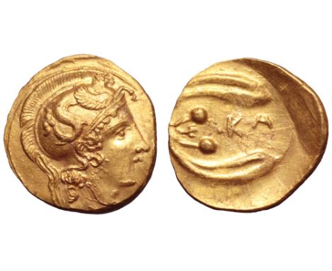 Sicily, Kamarina AV Diobol. Emergency issue, circa 406/5 BC. Head of Athena right, wearing Attic helmet decorated with winged