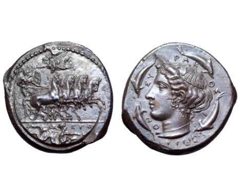 Sicily, Syracuse AR Tetradrachm. Second Democracy, circa 415-406 BC. Dies signed by Euth(edemos?) on obverse and Phrygillos o