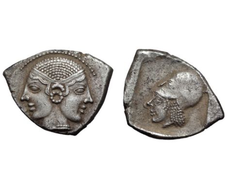 Mysia, Lampsakos AR Drachm. Circa 500-470 BC. Diademed Janiform female head / Head of Athena left, wearing Corinthian helmet,