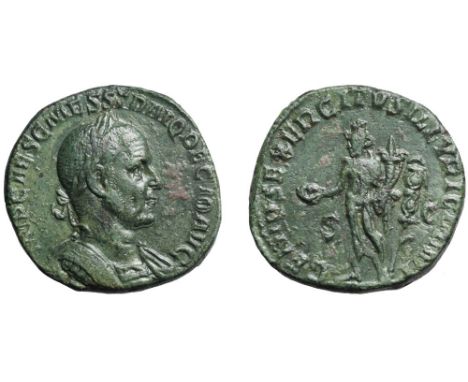 Trajan Decius AE Sestertius. Rome, AD 249. IMP CAES C MESS TRAI Q DECIO AVG, laureate, draped bust right / GENIVS EXERCITVS I