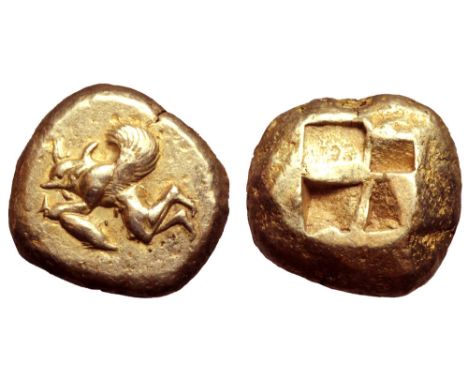 Mysia, Kyzikos EL Stater. Circa 550-450 BC. Winged figure to right, consisting of man's body with dolphin's head, holding tun