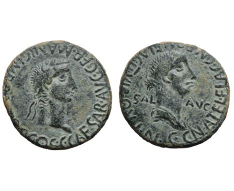 Caligula and Caesonia Æ27 of Carthago Nova, Hispania. Circa AD 37. C CAESAR AVG GERMANIC IMP P M TR P COS, laureate head of C