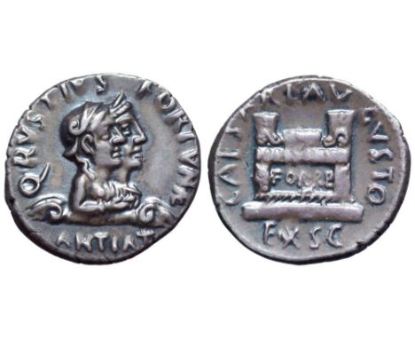 Augustus AR Denarius. Rome, 19 BC. Q. Rustius, moneyer. Q • RVSTIVS FORTVNÆ, Jugate, draped busts right of Fortuna Victrix, w