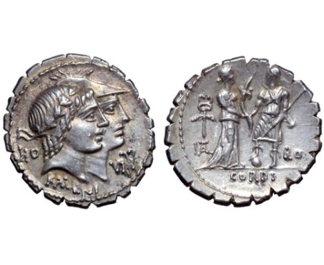 Q. Fufius Kalenus and Mucius Cordus AR Serrate Denarius. Rome, 70 BC. Jugate heads right of Honos, laureate, and Virtus, wear