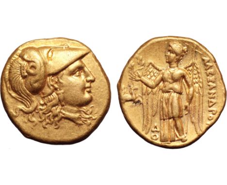 Kingdom of Macedon, Alexander III 'the Great' AV Stater. Lampsakos, circa 328-323 BC. Head of Athena right, wearing crested C