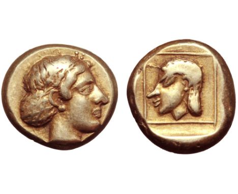 Lesbos, Mytilene EL Hekte. Circa 412-378 BC. Head of Artemis-Kybele right, hair in sakkos / Head of Telchine left, hair in sa