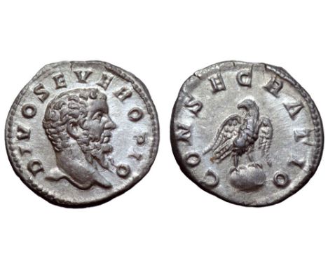 Divus Septimius Severus AR Denarius. Struck under Caracalla, Rome, AD 211. DIVO SEVERO PIO, bare head right / CONSECRATIO, ea