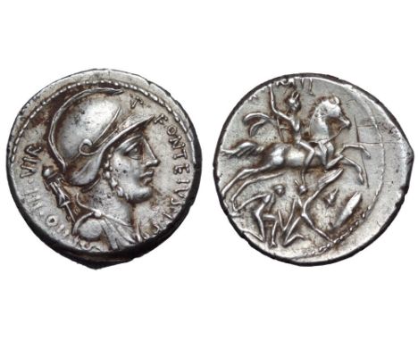 P. Fonteius P. f. Capito AR Denarius. Rome, 55 BC. P•FONTEIVS•CAPITO•III•VIR, helmeted and draped bust of Mars right; trophy 