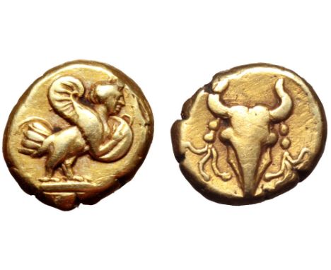 Ionia, uncertain mint EL 1/12 Stater. Circa 5th Century BC. Siren standing right, holding tympanon (tambourine) / Bukranion w