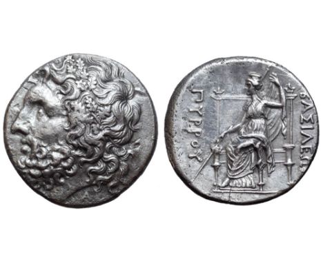 Kingdom of Epeiros, Pyrrhos AR Tetradrachm. Lokroi Epizephyrioi, 297-272 BC. Head of Zeus of Dodona left, wearing oak wreath;