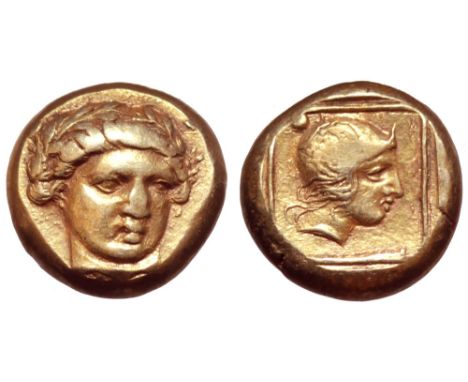 Lesbos, Mytilene EL Hekte. Circa 357-326 BC. Laureate head of youthful Apollo three-quarters facing / Head of an Amazon to ri