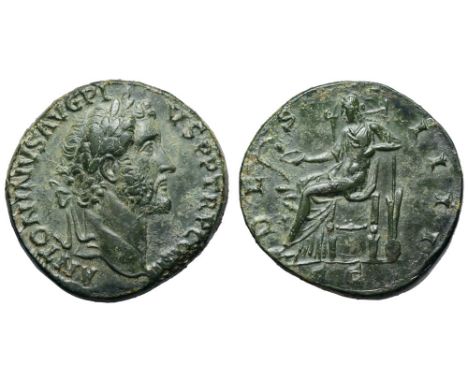 Antoninus Pius Æ Sestertius. Rome, AD 144. ANTONINVS AVG PIVS P P TR P COS III, laureate head right / DES IIII, Salus seated 