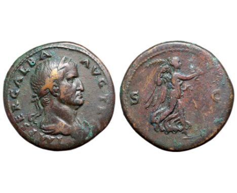 Galba Æ Sestertius. Rome, July AD 68-January 69. IMP SER GALBA AVG TR P, laureate and draped bust right / Victory alighting t