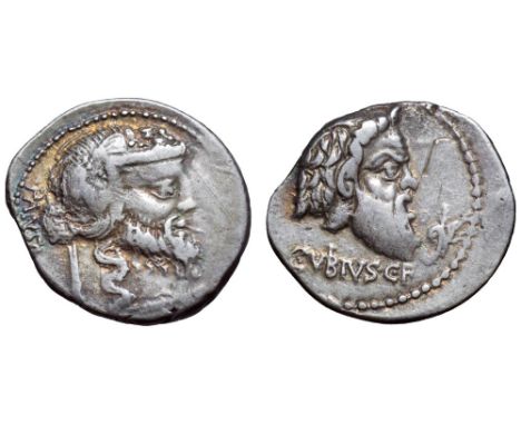 C. Vibius C. f. Pansa AR Denarius. Rome, 90 BC. Mask of bearded Silenos right; control mark below, PANSA behind / Mask of bea