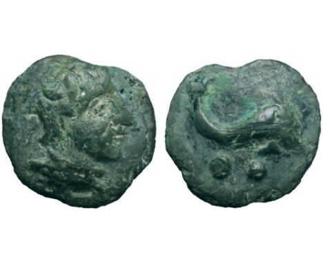 Umbria, Ariminum Æ Biunx. Circa 264-241 BC. Head of Gaul right, wearing torque / Dolphin right; below, ŸŸ. HN Italy 5; ICC 23