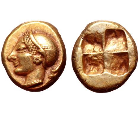 Ionia, Phokaia EL Hekte. Circa 521-478 BC. Female head left, wearing helmet or close fitting cap; seal to right / Quadriparti